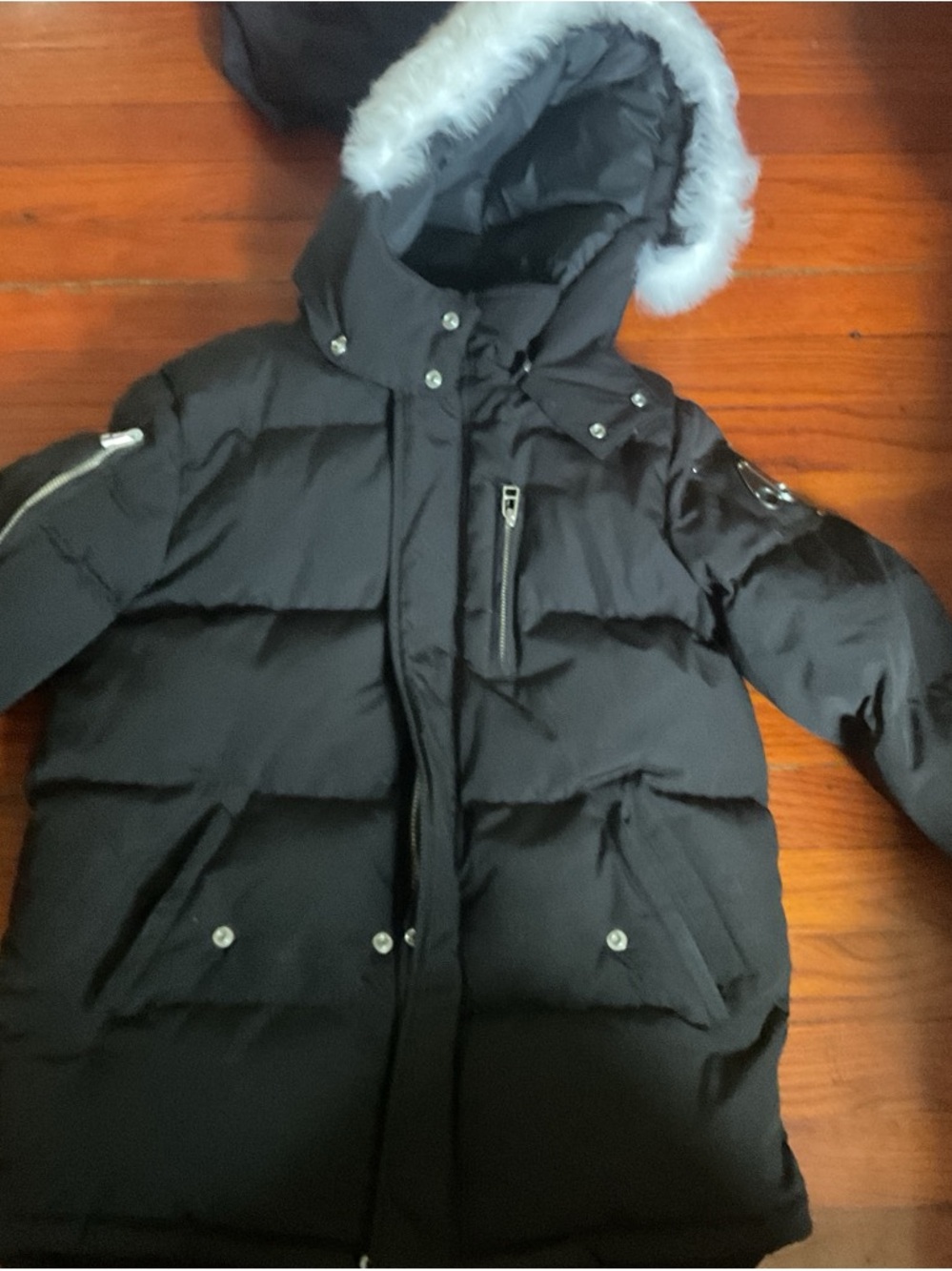 Moose Knuckles Black Parka with Light Gray Faux Fur Trim